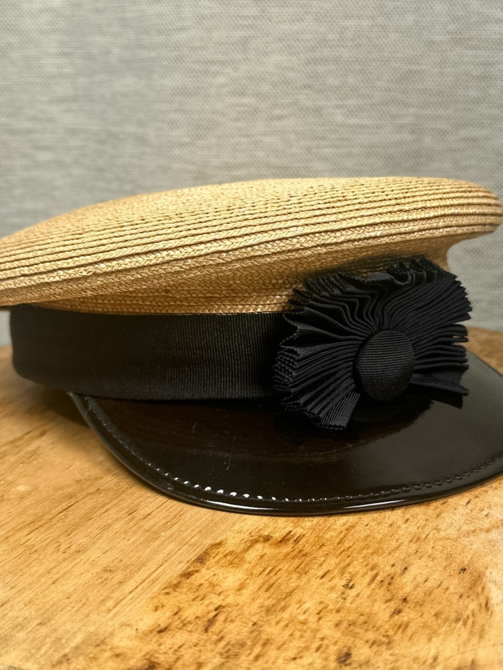 Eric Javits Pleated Bow Ribbon Black Tan Straw Sailor Hat One Size